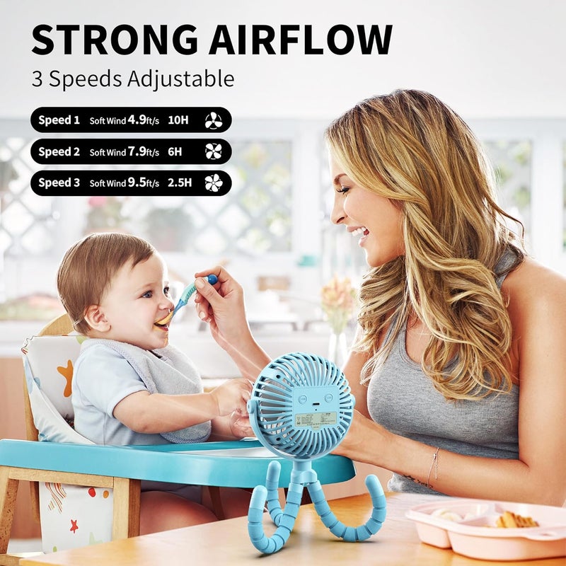 AMACOOL Battery Operated Stroller Fan Flexible Tripod Clip On Fan with 3 Speeds and Rotatable Handheld Personal Fans for Car Seat Crib Bike Treadmill (Blue) - Image 3